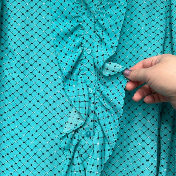 Women's Turquoise Button-Up Ruffle Blouse - Picture 3 of 6